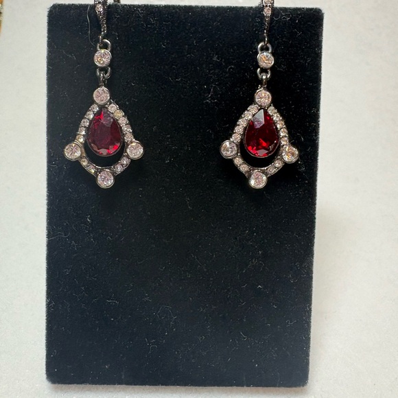 Givenchy Designer Costume Crystal Ruby Dangle Earrings in Blackened Metal - Picture 2 of 8